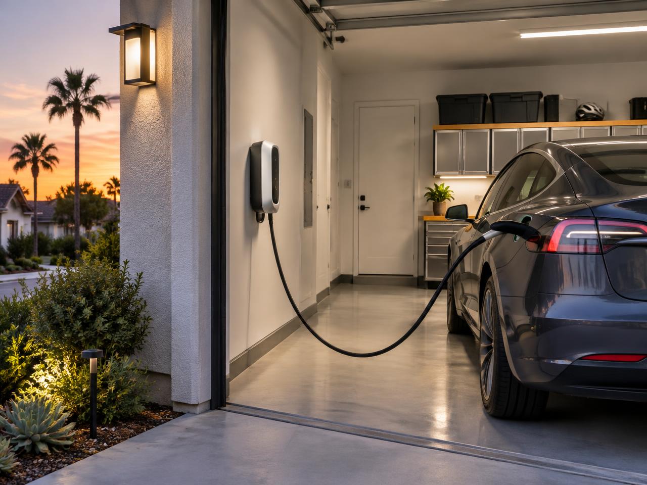 Modern home garage with a wall-mounted EV charger charging an electric car