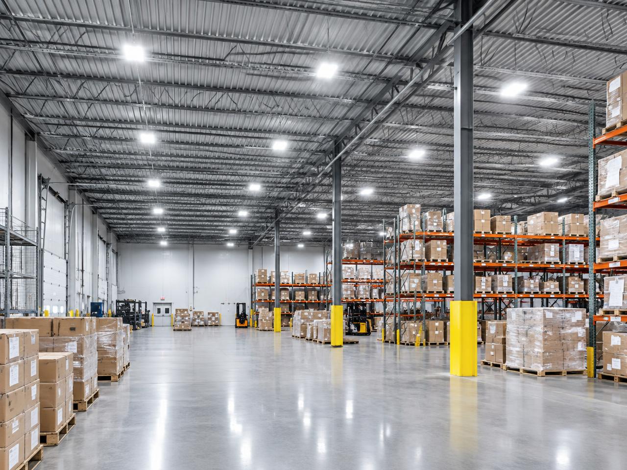 Bright LED high-bay lighting in a commercial warehouse
